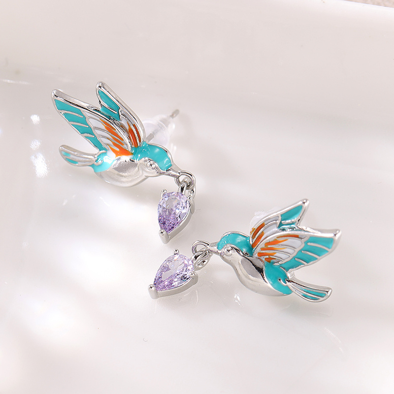 Women's Bird-Shaped Enamel Inlay Earrings